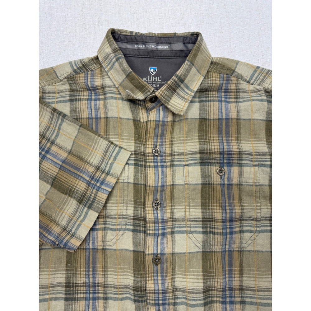 Kuhl Mens Medium Tall Tapered Fit Linen Cotton Plaid Short Sleeve Button Down